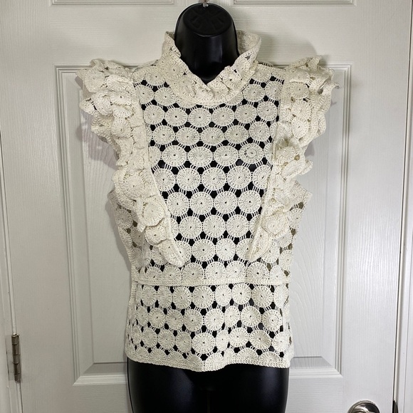 Adiva Tops - Adiva Cream Crochet Ruffle Blouse Large